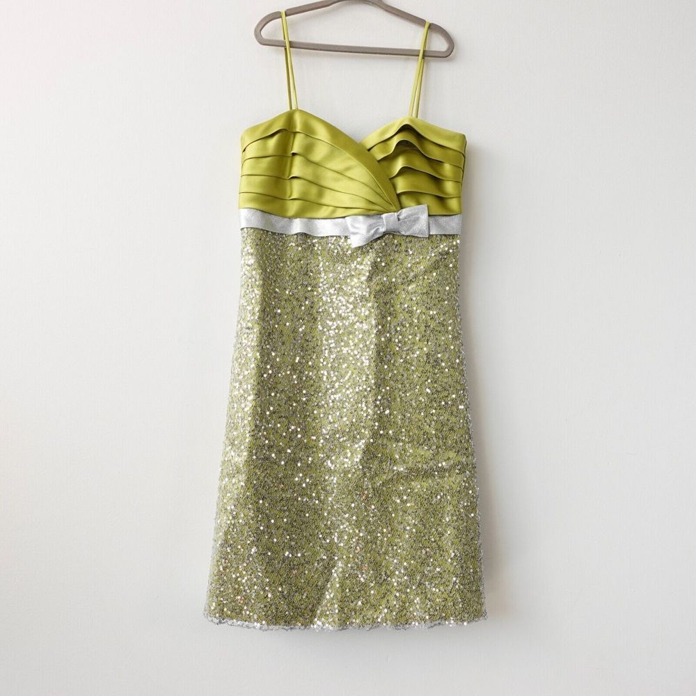 Green Sequin Mini Dress Cocktail Medium Silver Satin Strappy Glitter Pleated Bow